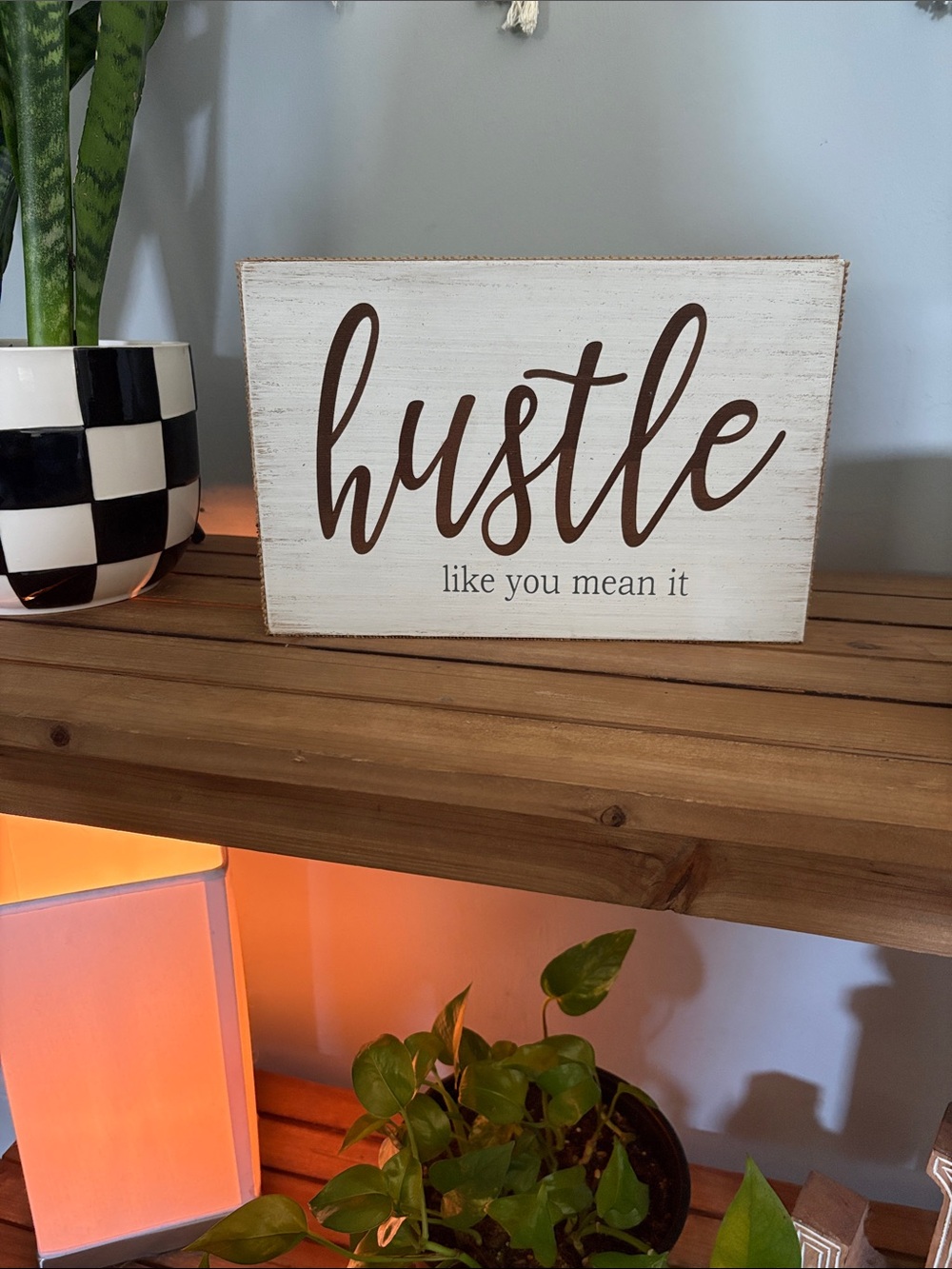 Hustle Script Wood Sign - White with Brown Lettering
